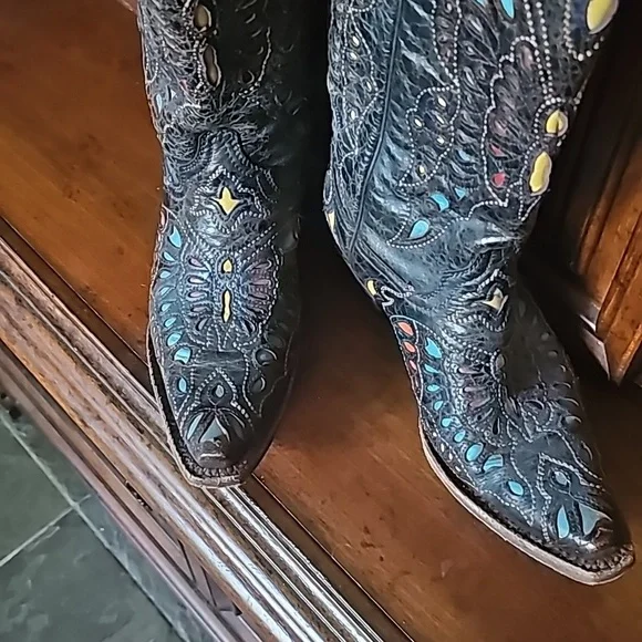 CORRAL BLACK MULTI COLOR INLAY BUTTERFLY BOOTS - SZ. 7M - EUC! - Picture 2 of 7